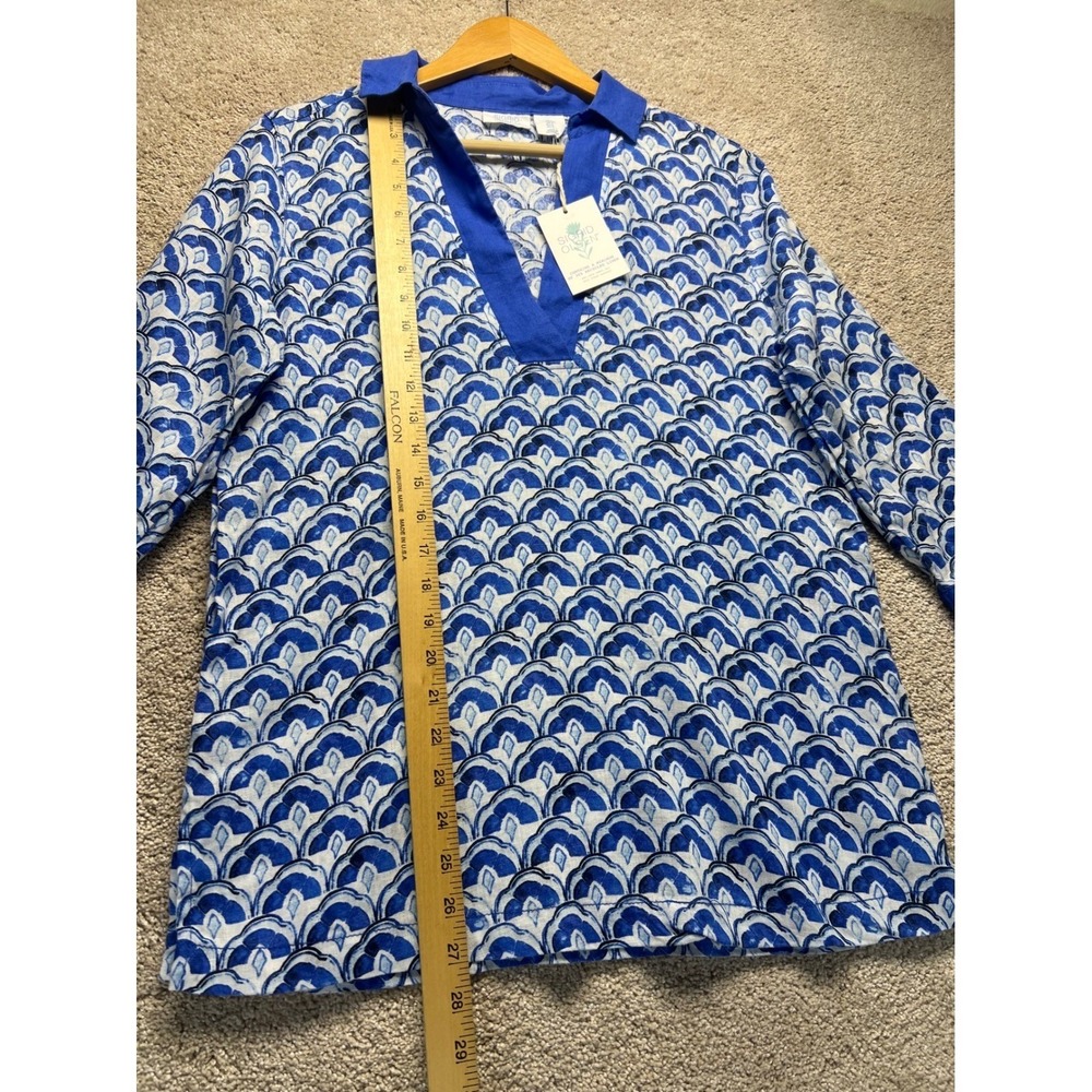 Sigrid Olsen Blue White Tunic Top Linen 3/4 Sleeve NWT V Neck Coastal Vacation S - Picture 7 of 12